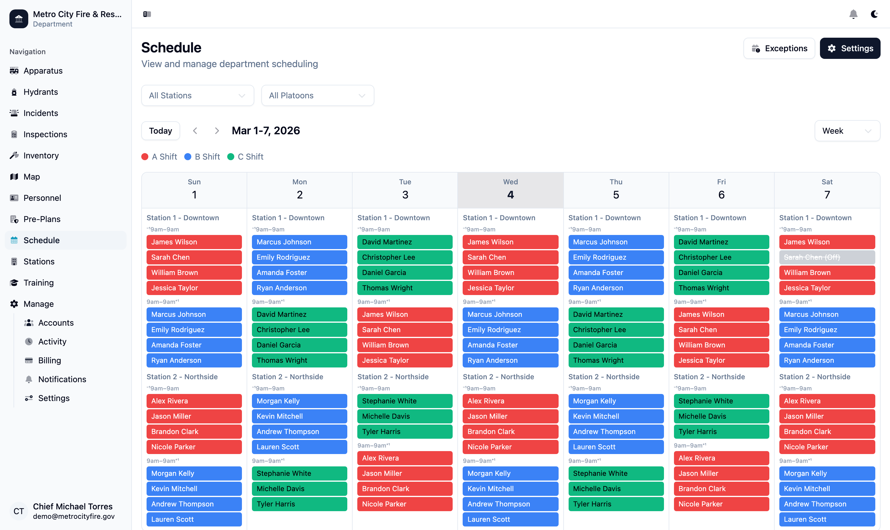 Command Established scheduling weekly view showing detailed shift assignments by day