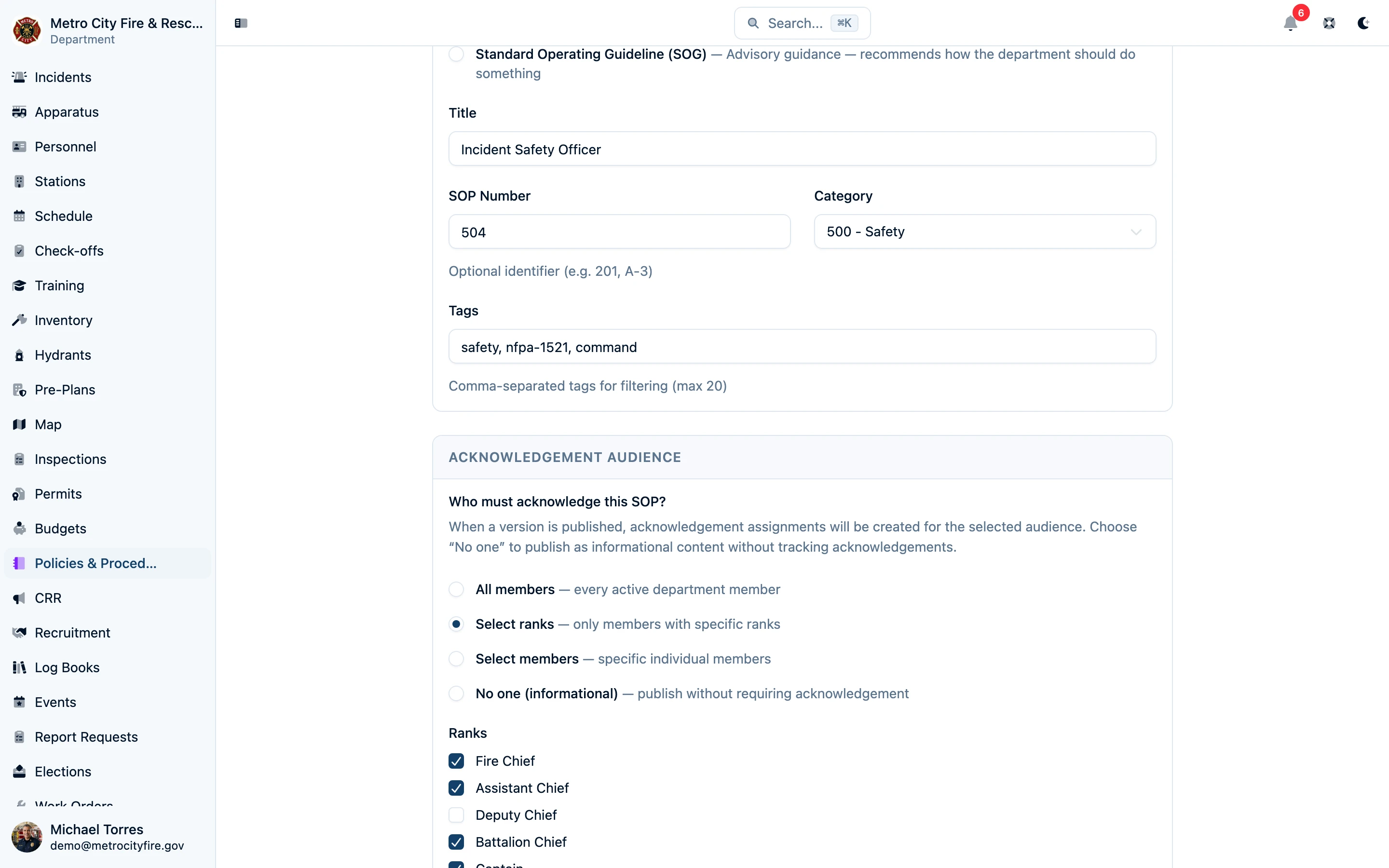 Command Established SOP audience settings targeting acknowledgment by rank