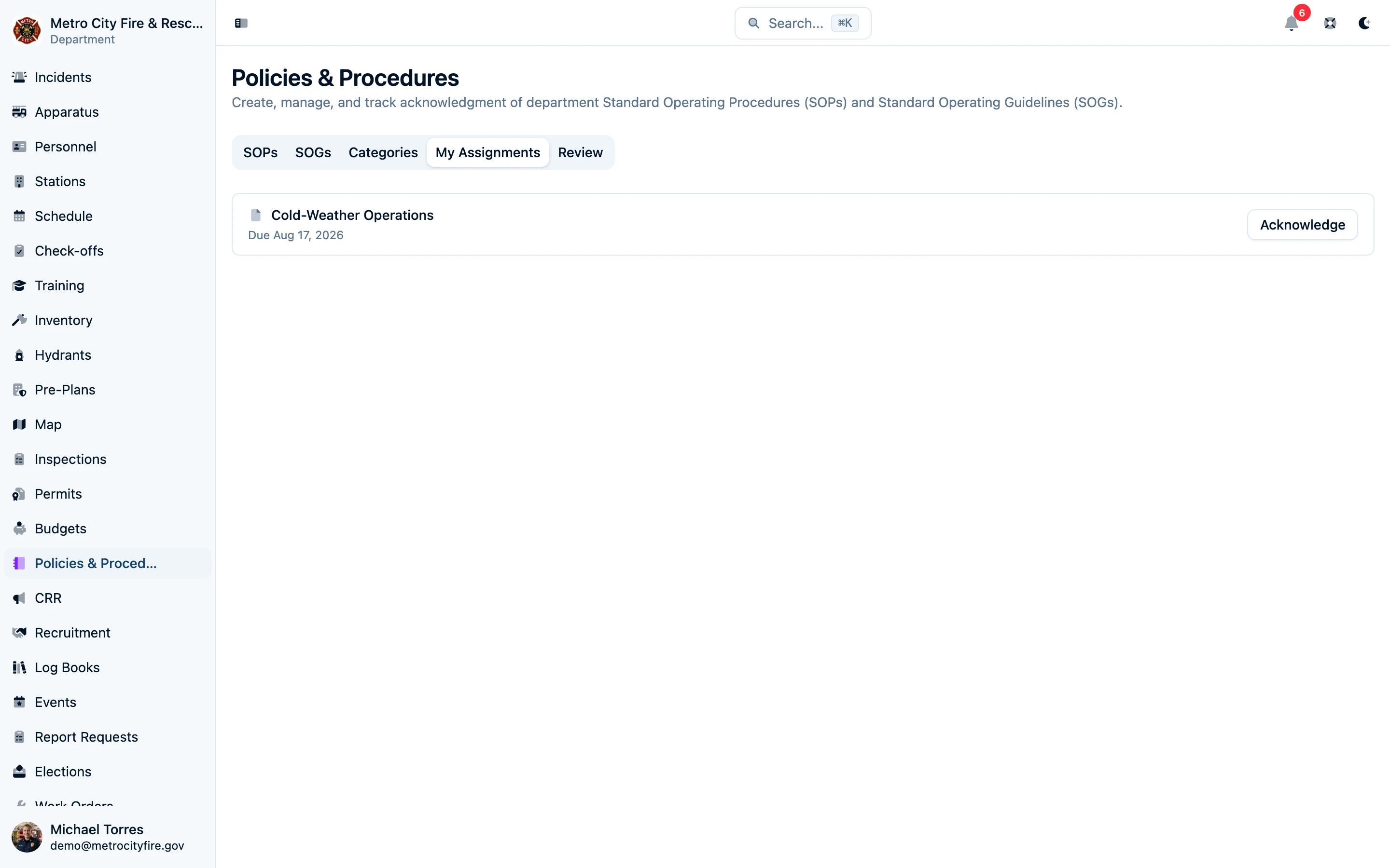 Command Established personal SOP assignment dashboard showing pending acknowledgments