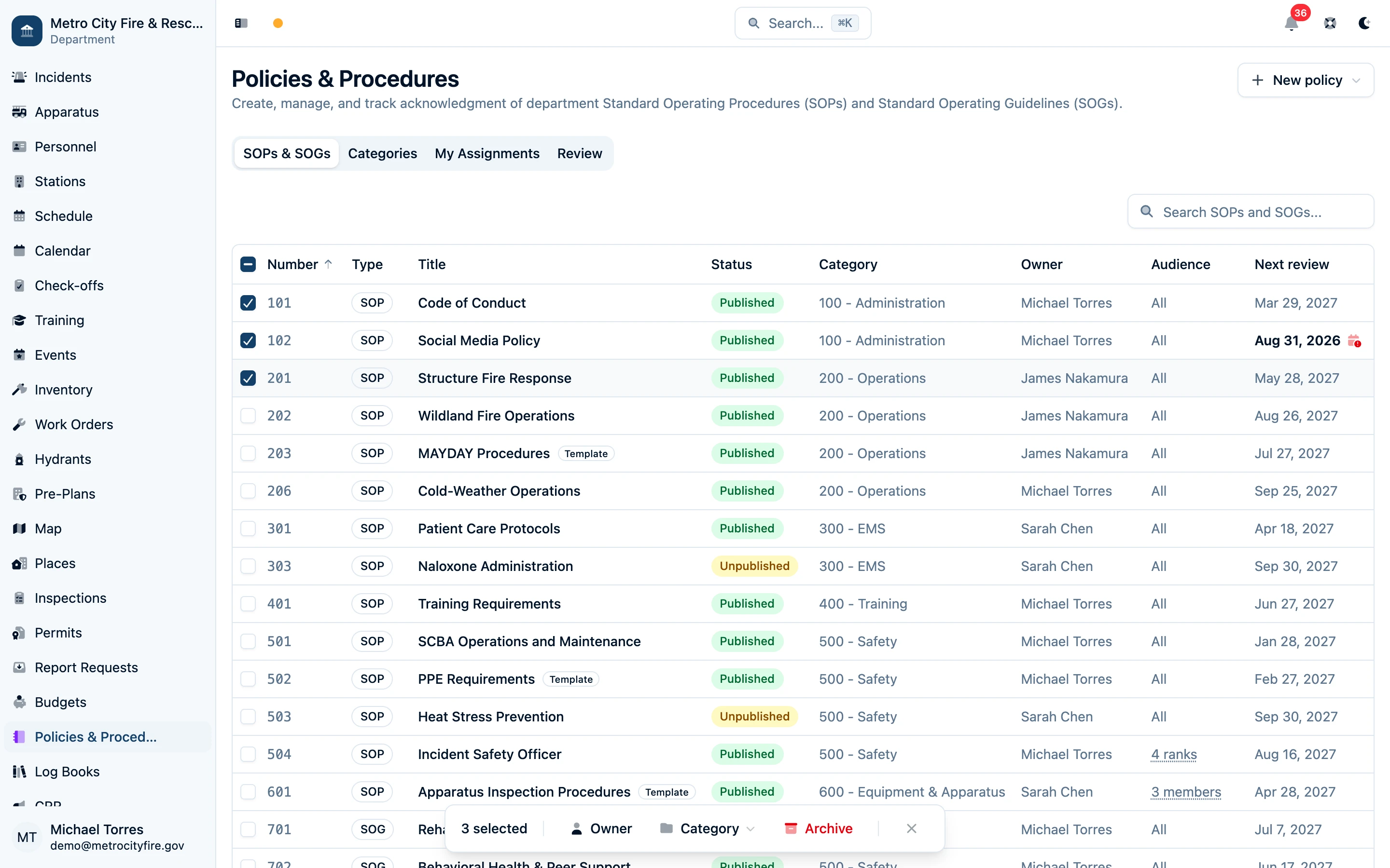 Command Established policy library with selected policies and the Owner, Category, and Archive bulk actions