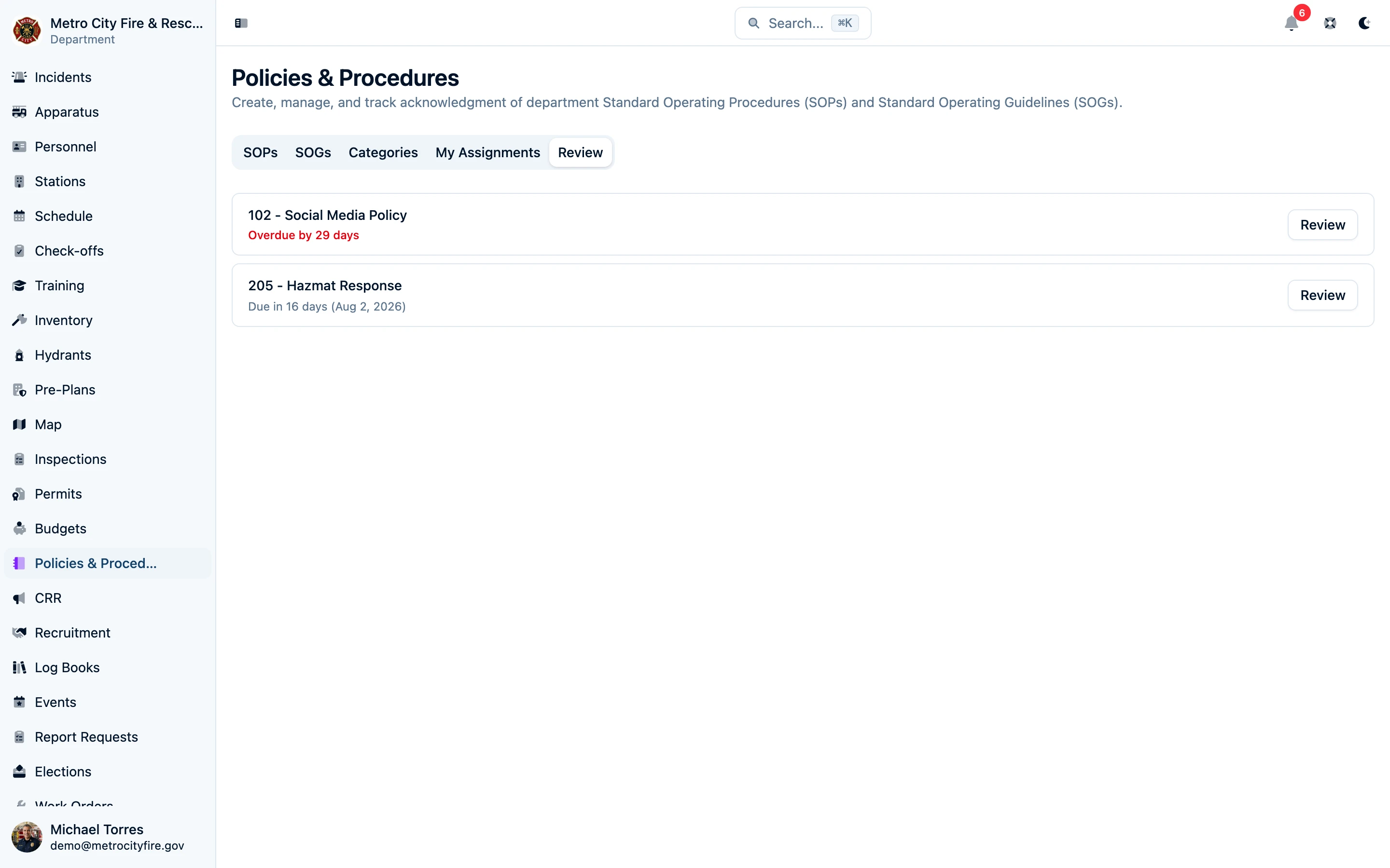 Command Established review dashboard showing procedures and guidelines awaiting review or approval