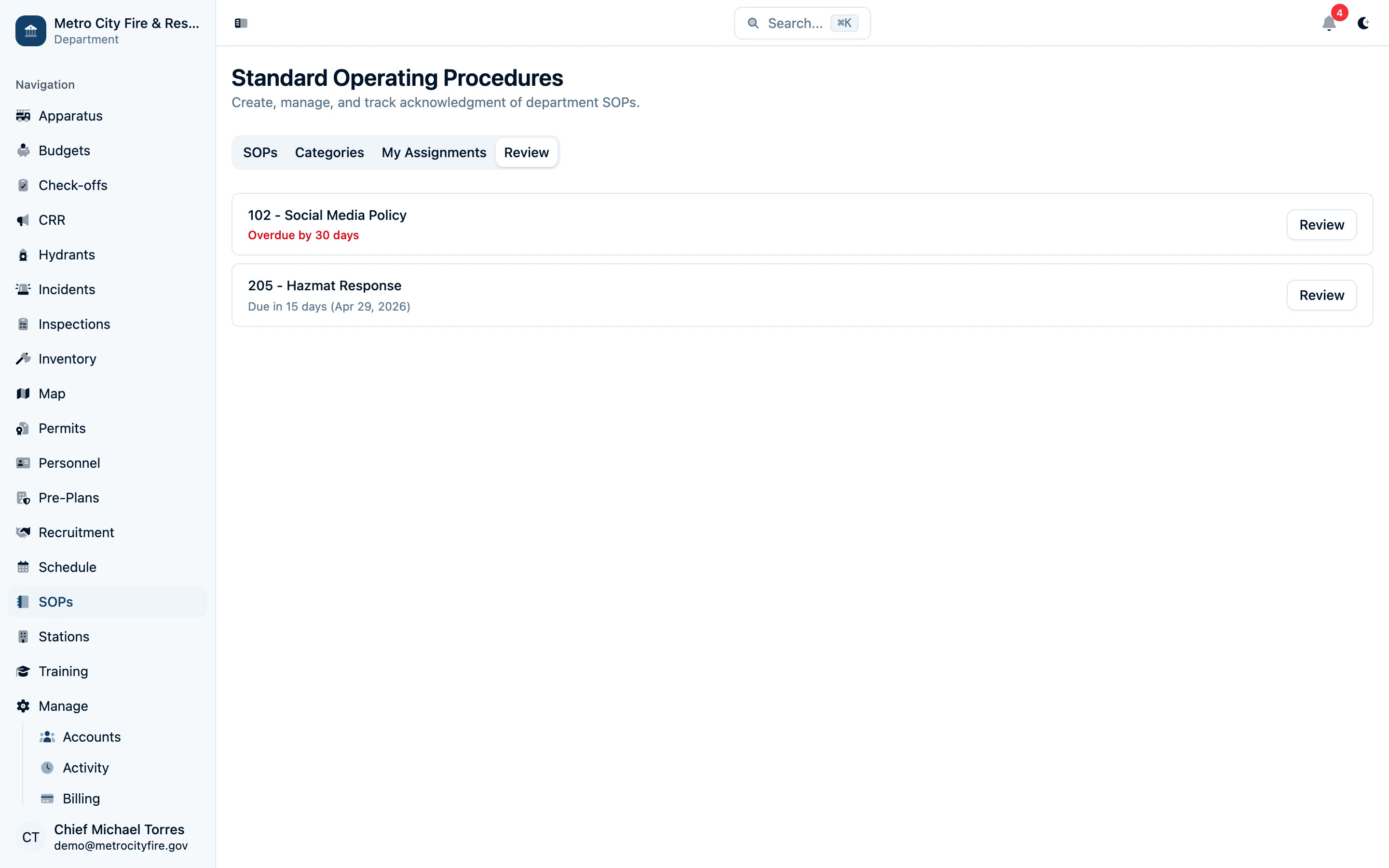Command Established review dashboard showing procedures and guidelines awaiting review or approval