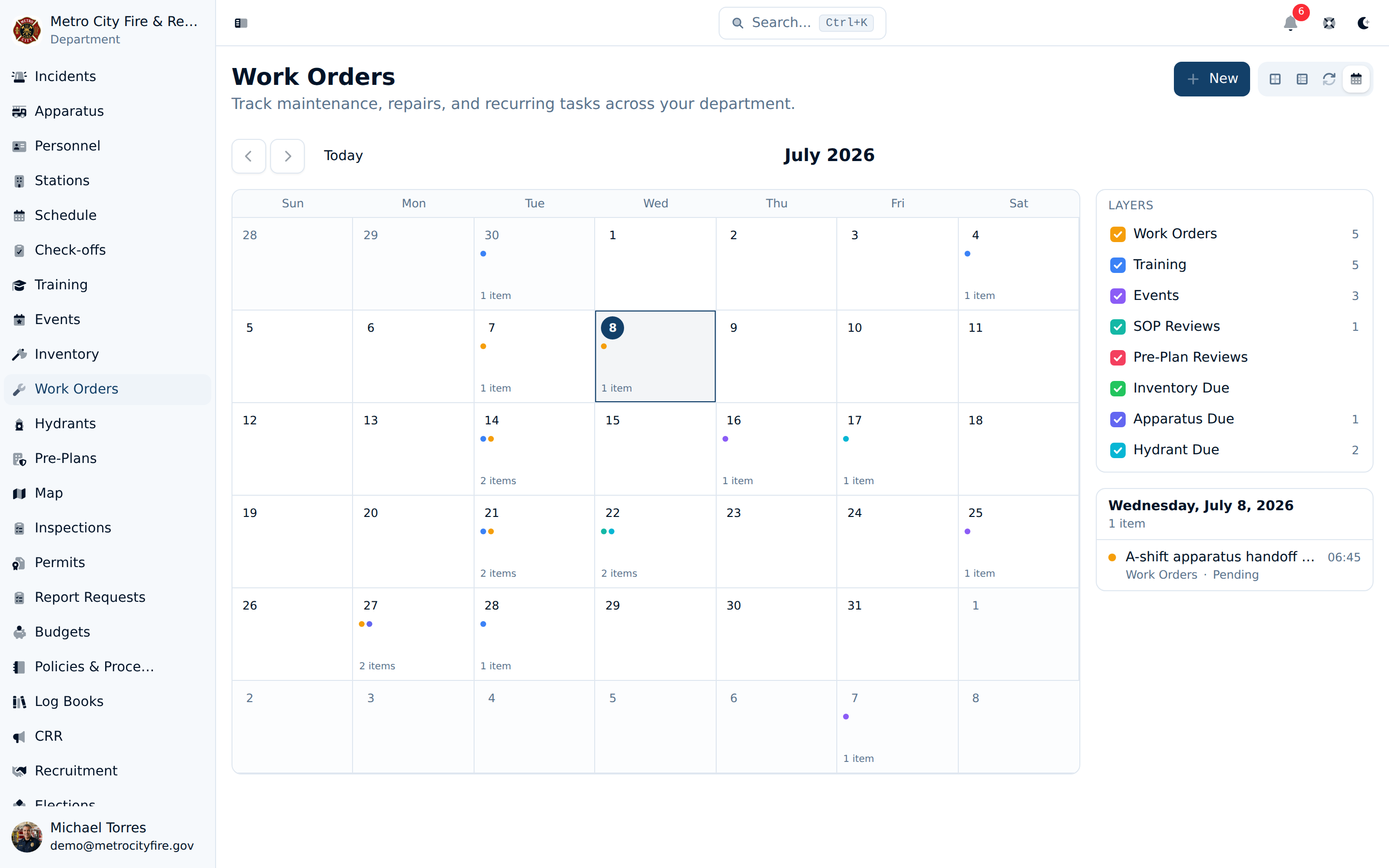 Command Established department calendar showing maintenance tasks, inspections, and reviews laid out by due date with toggleable layers