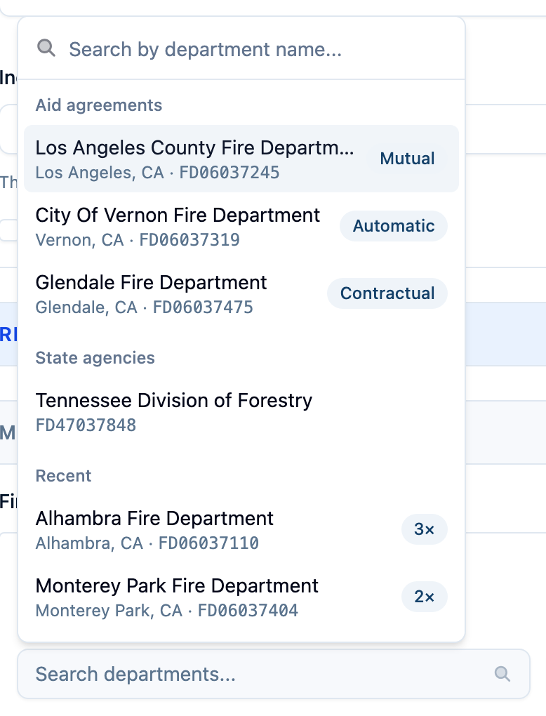 The mutual aid department picker on an incident, with Tennessee Division of Forestry pinned under a State agencies heading above the Nearby departments