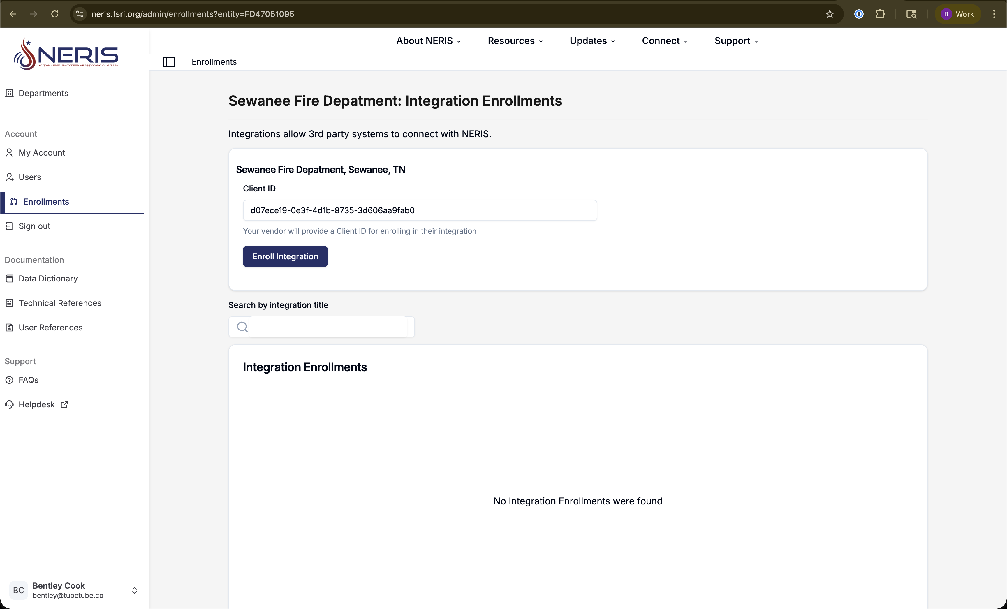 NERIS Integration Enrollment Confirmation dialog showing permissions