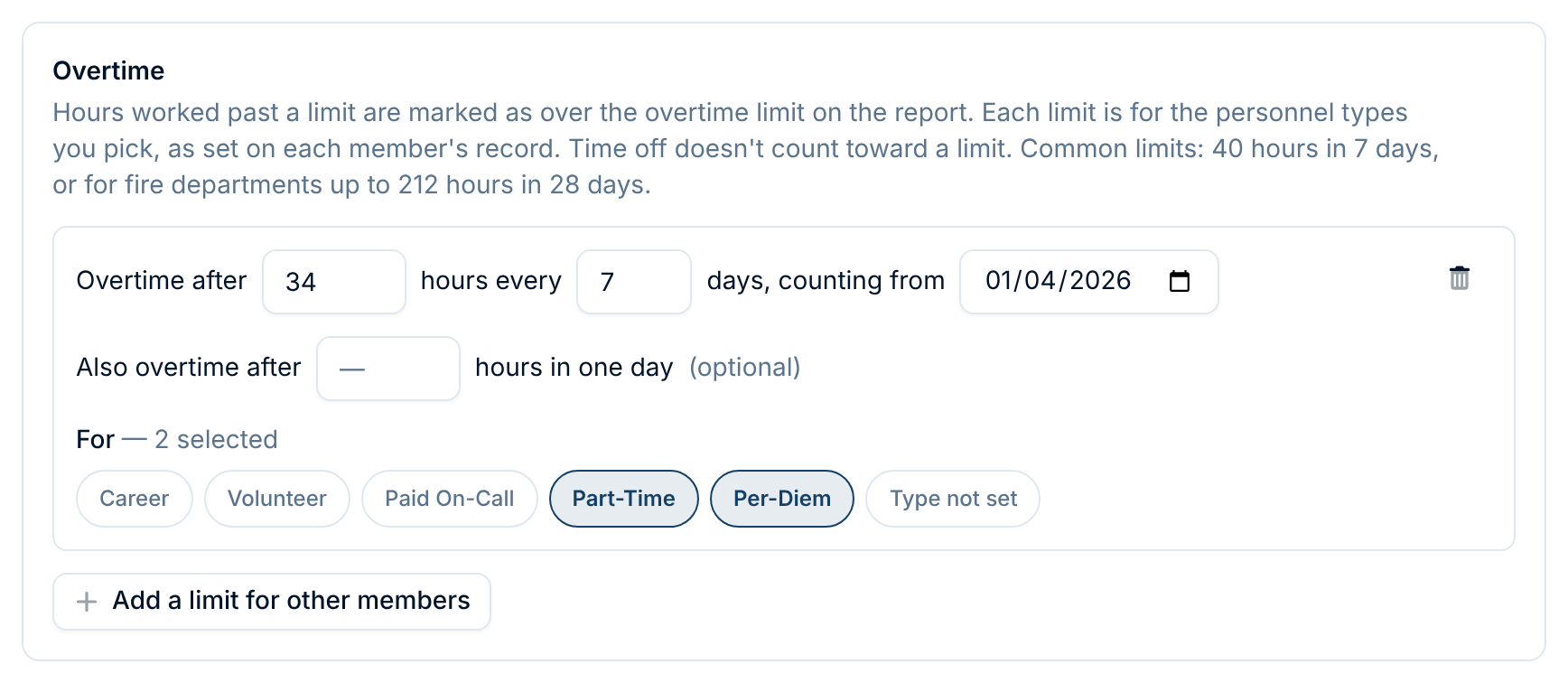 The example's overtime limit: 34 hours every 7 days, for Part-Time and Per-Diem only