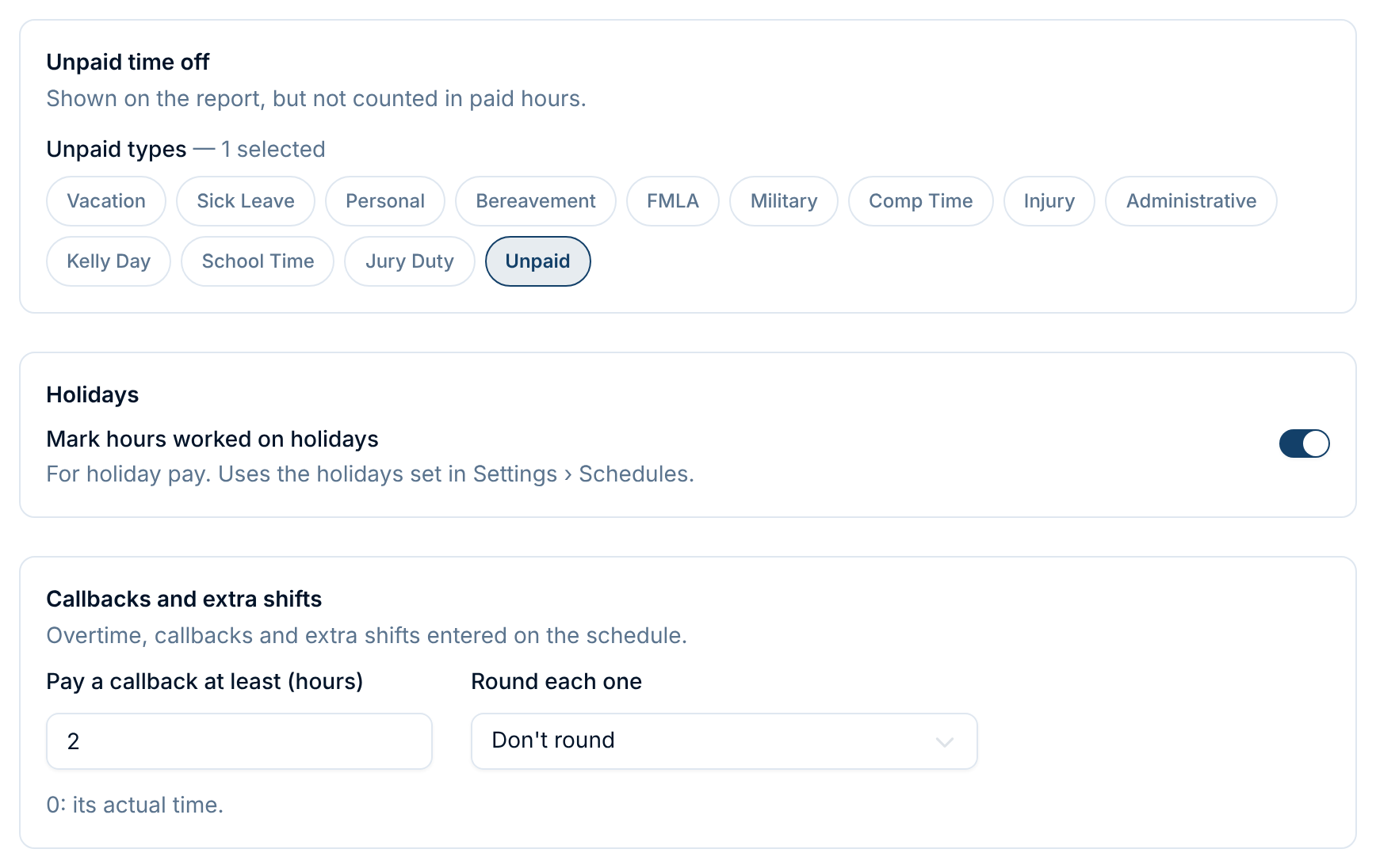 Unpaid time off, the holiday switch, and the callback minimum and rounding settings
