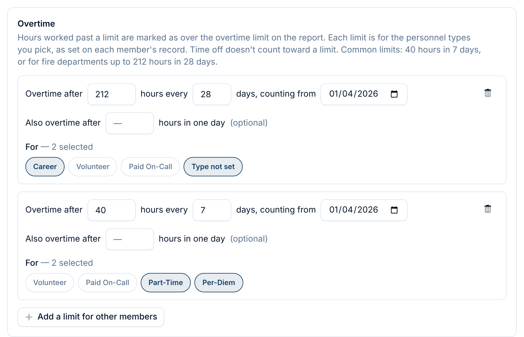 Two overtime limits: 212 hours every 28 days for Career and Type not set, and 40 hours every 7 days for Part-Time and Per-Diem