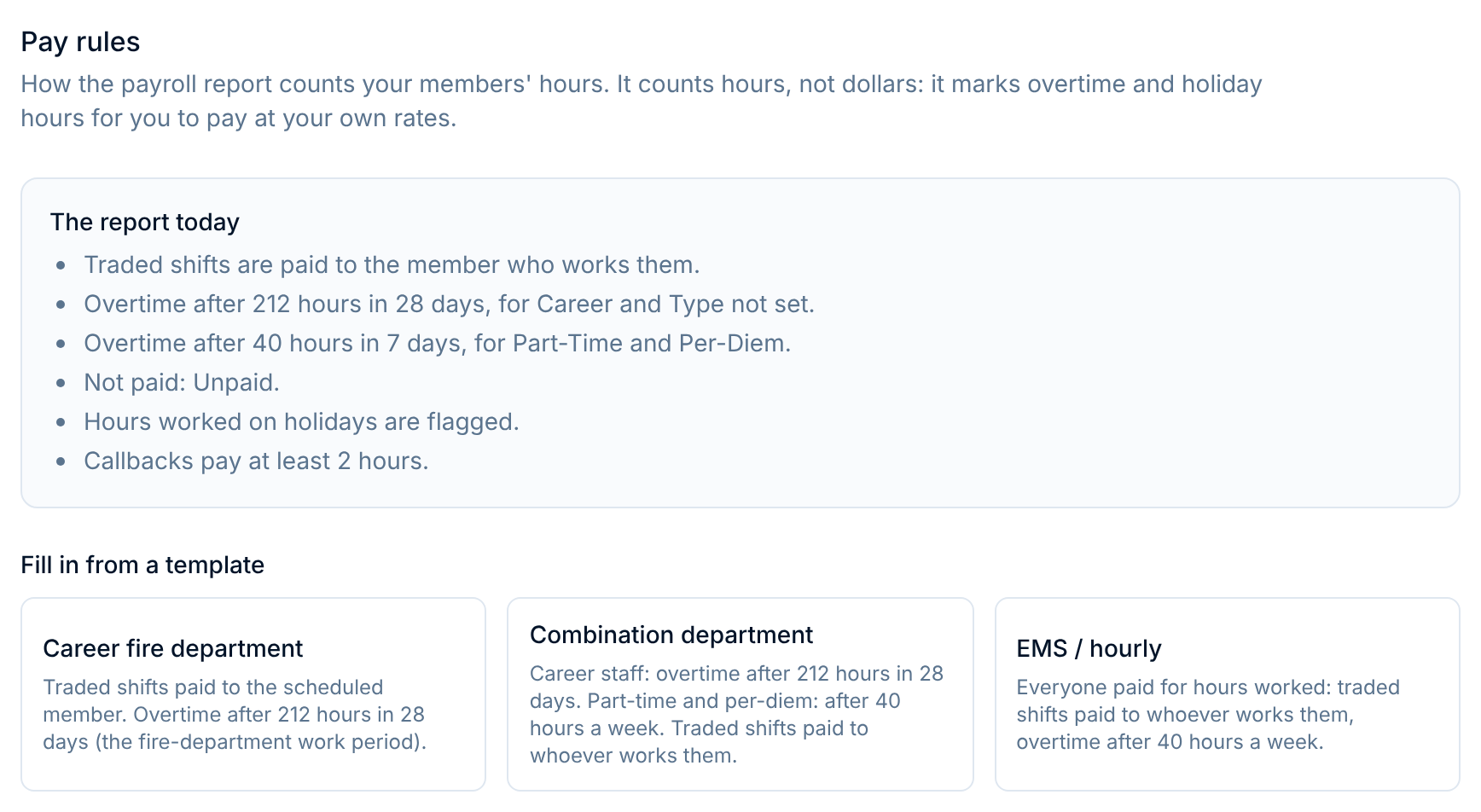 The top of Settings › Payroll: a summary of the saved rules in plain sentences, and three templates to fill the form in from