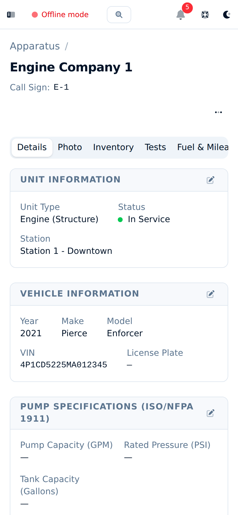 Command Established apparatus detail view showing equipment and specifications available without cell service