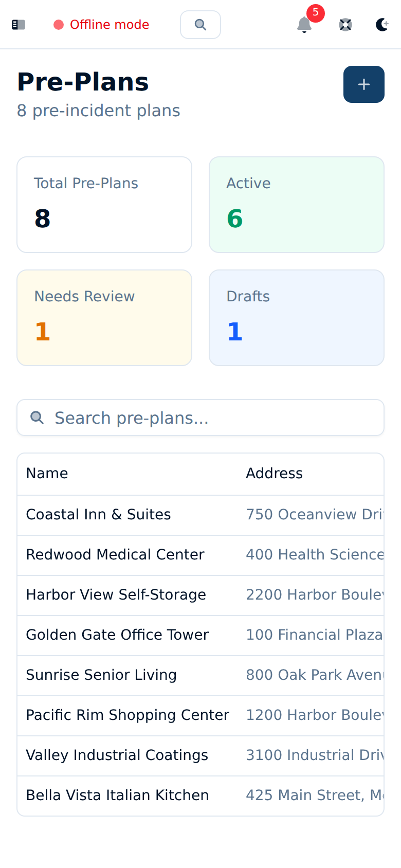 Command Established pre-incident plans list loaded offline showing cached building data