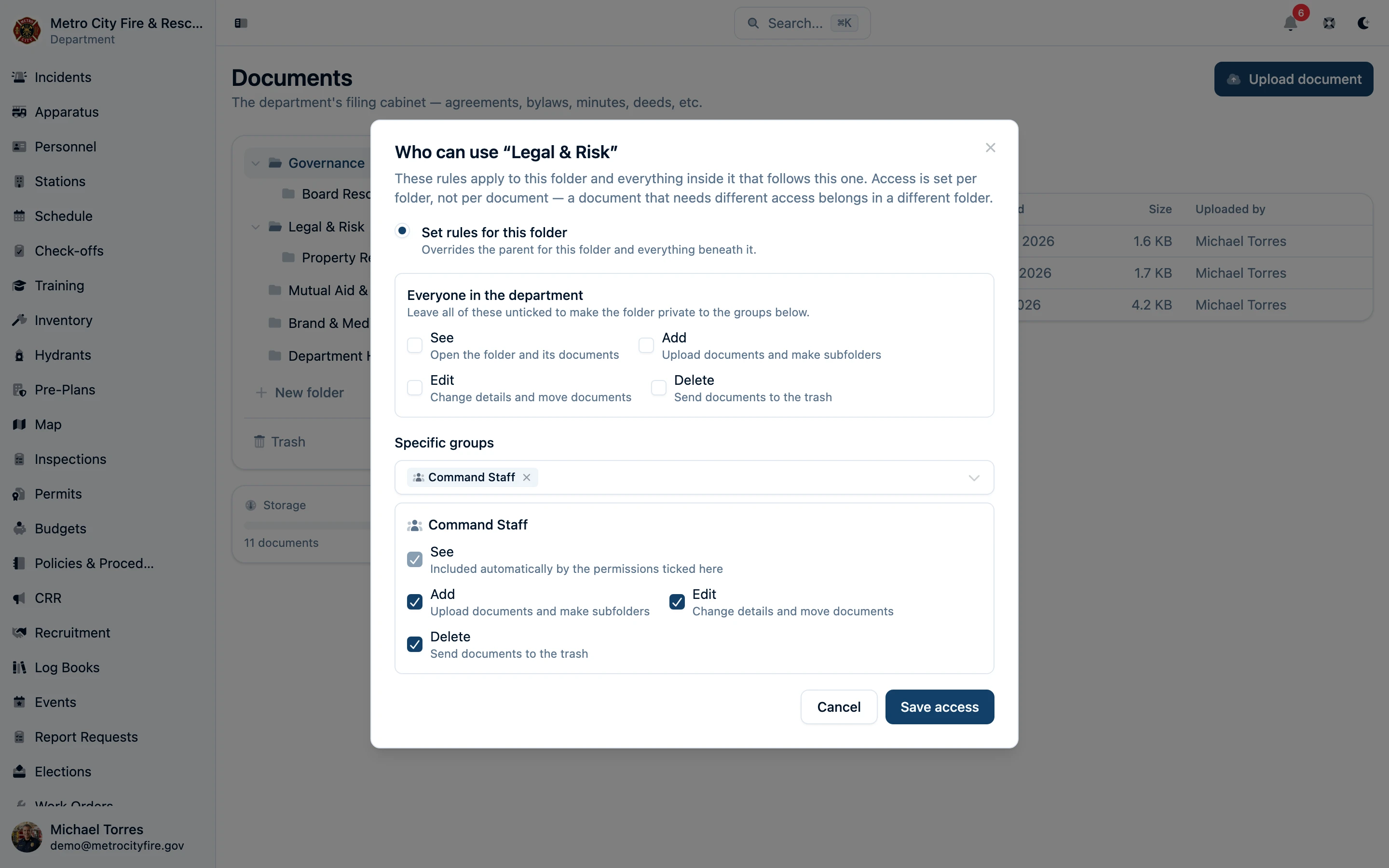 Folder access controls granting command staff specific document permissions