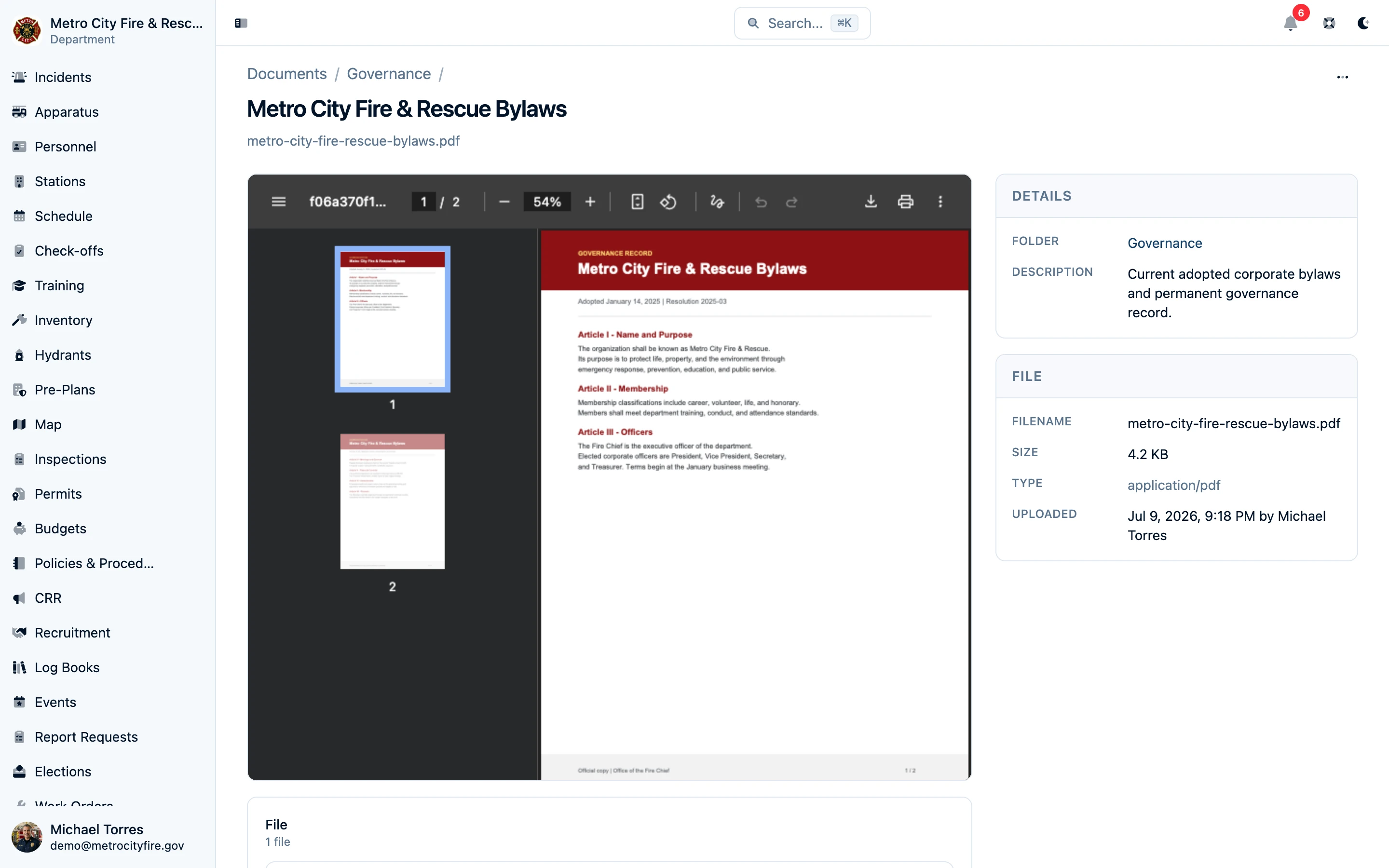 Department bylaws open in the in-browser PDF preview beside file metadata