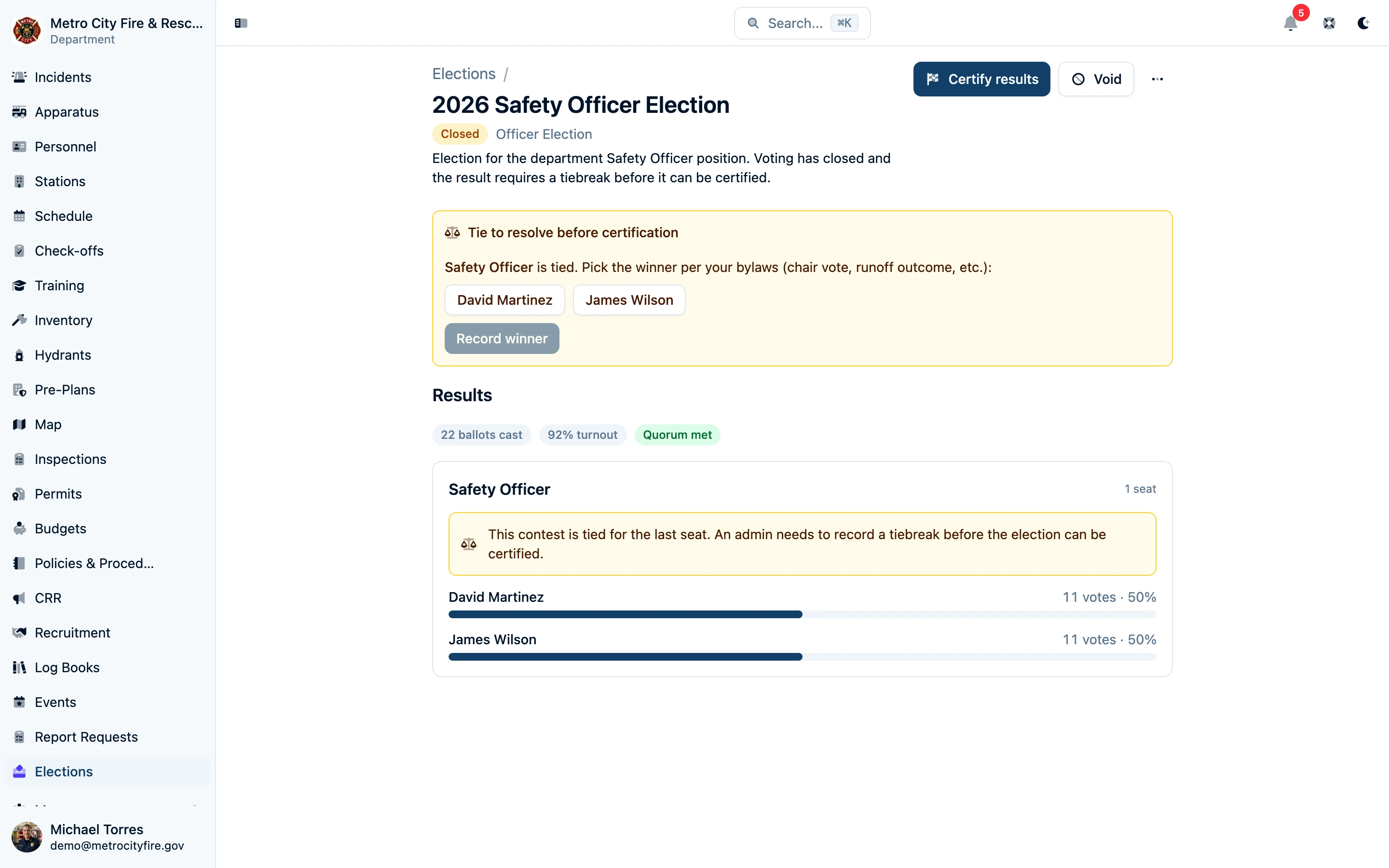 Tie resolver workflow for a closed election