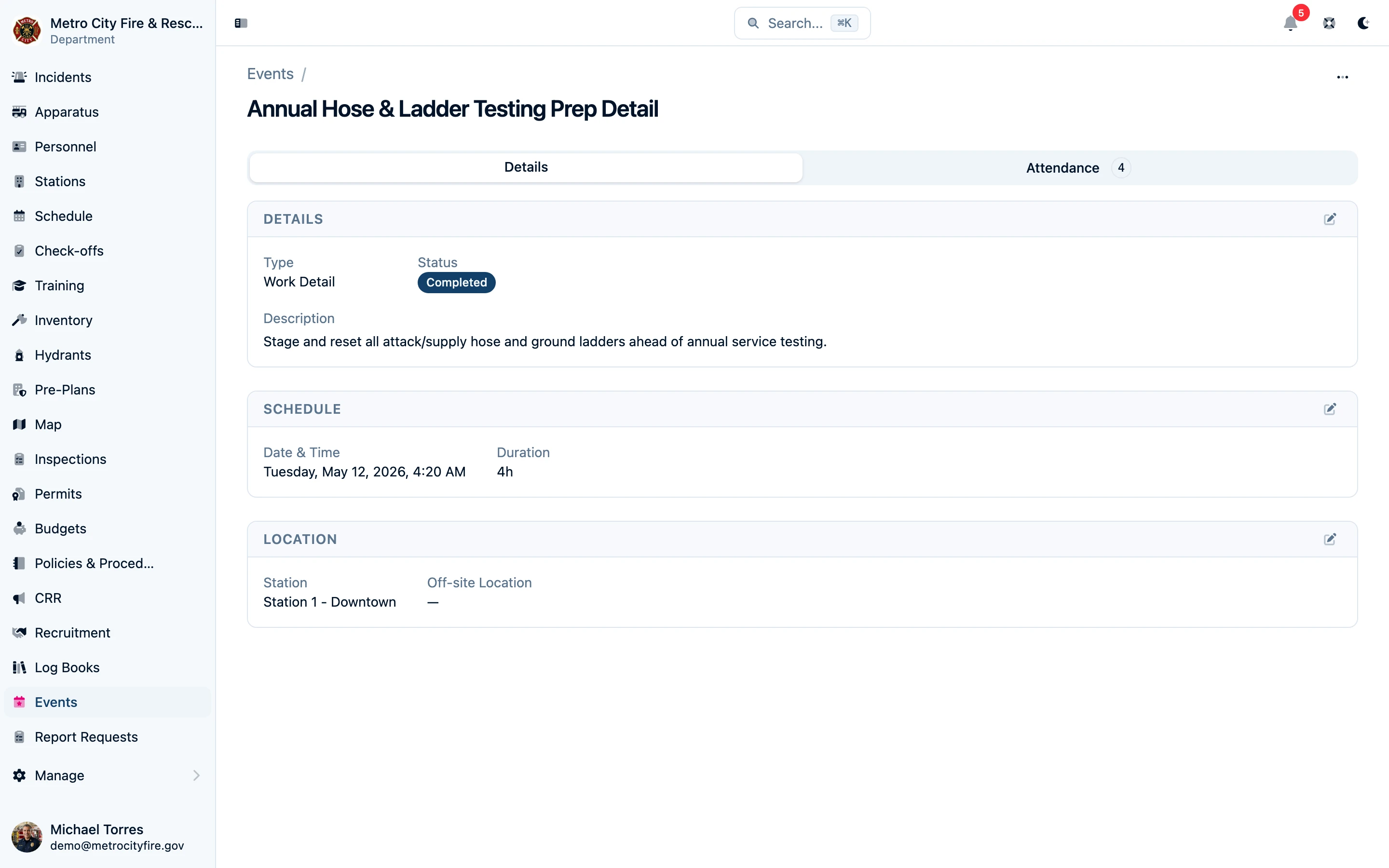 Event detail with schedule, location, and status