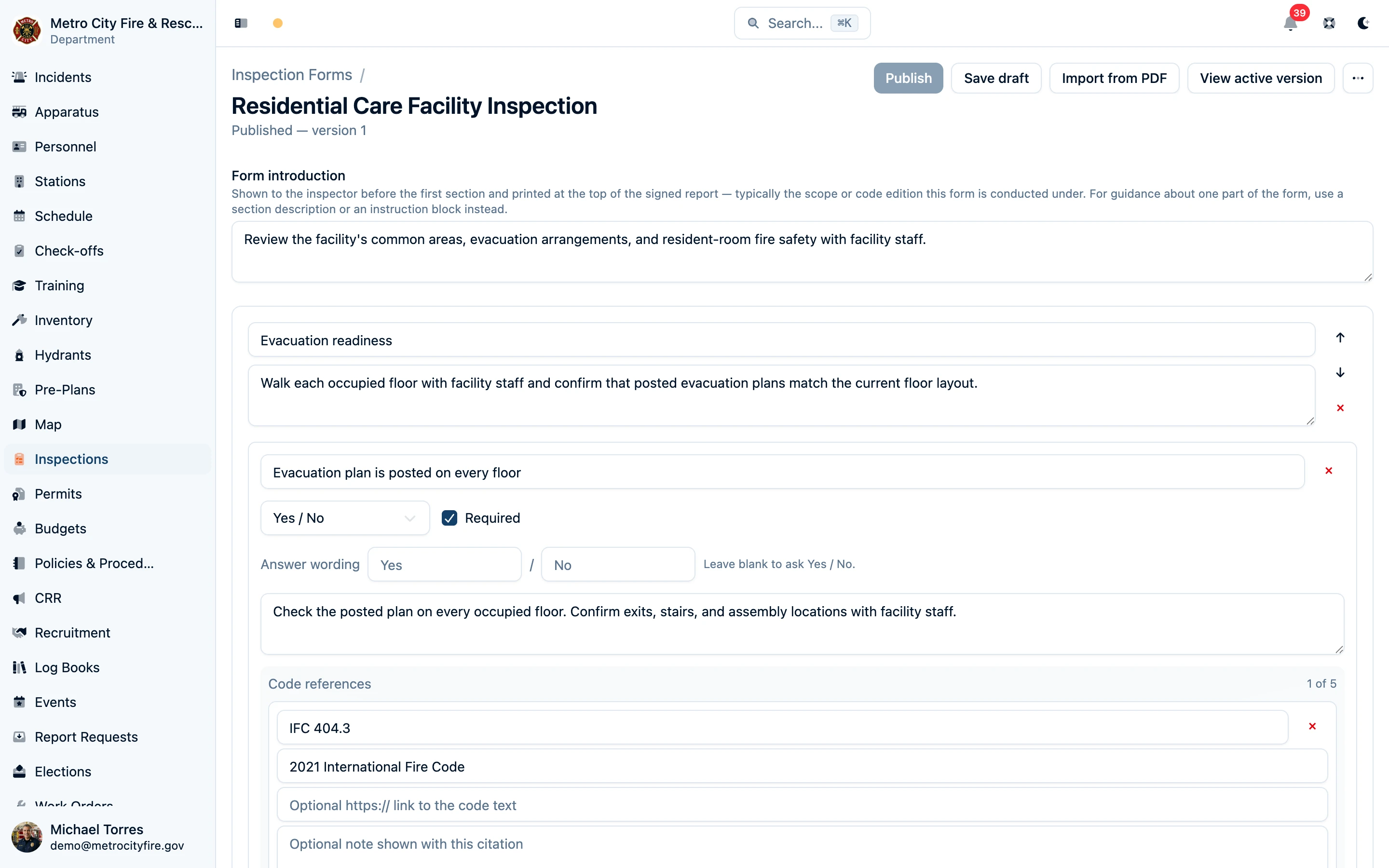 Inspection form builder with questions, guidance, and code references