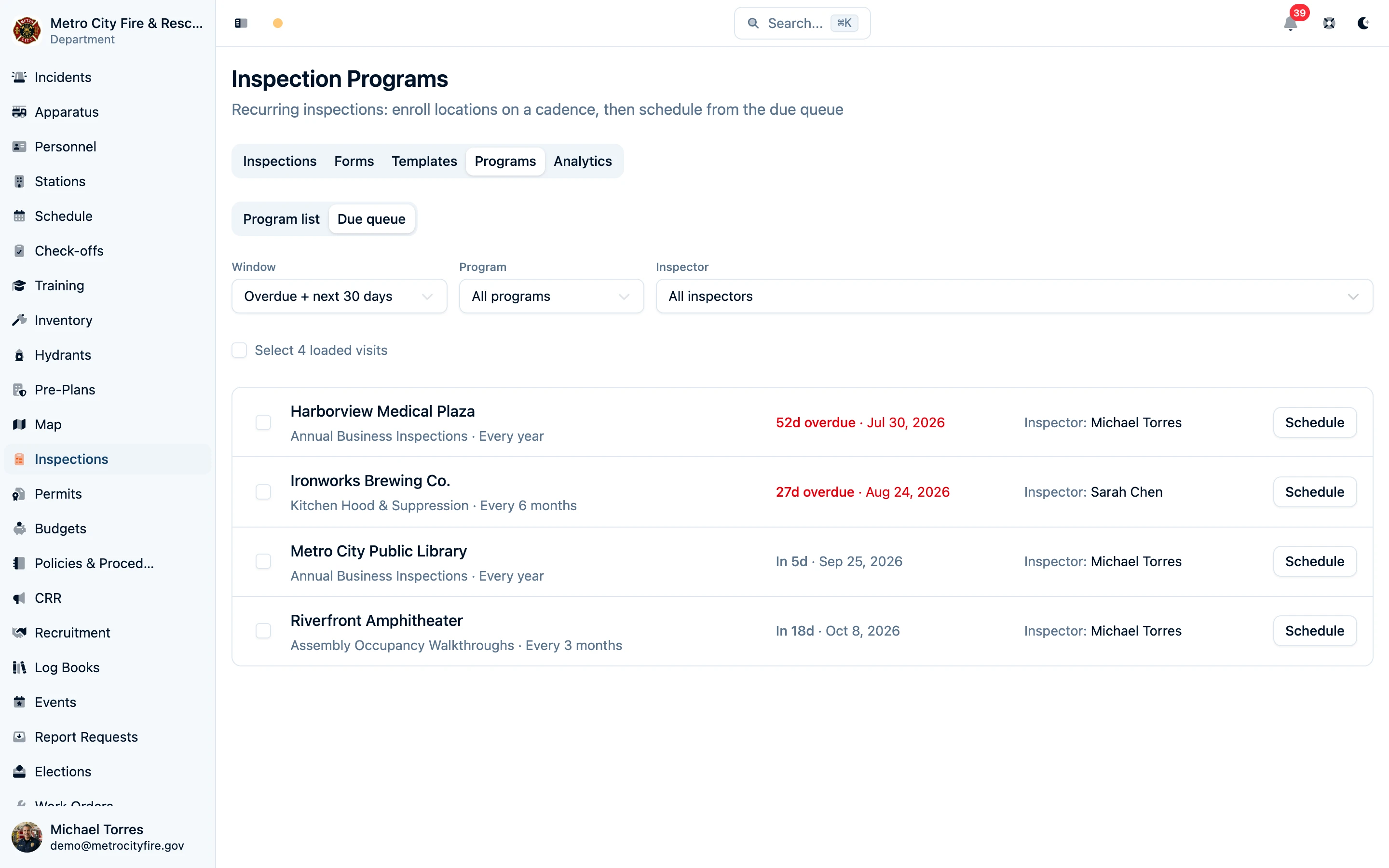 Inspection program due queue with overdue and upcoming visits