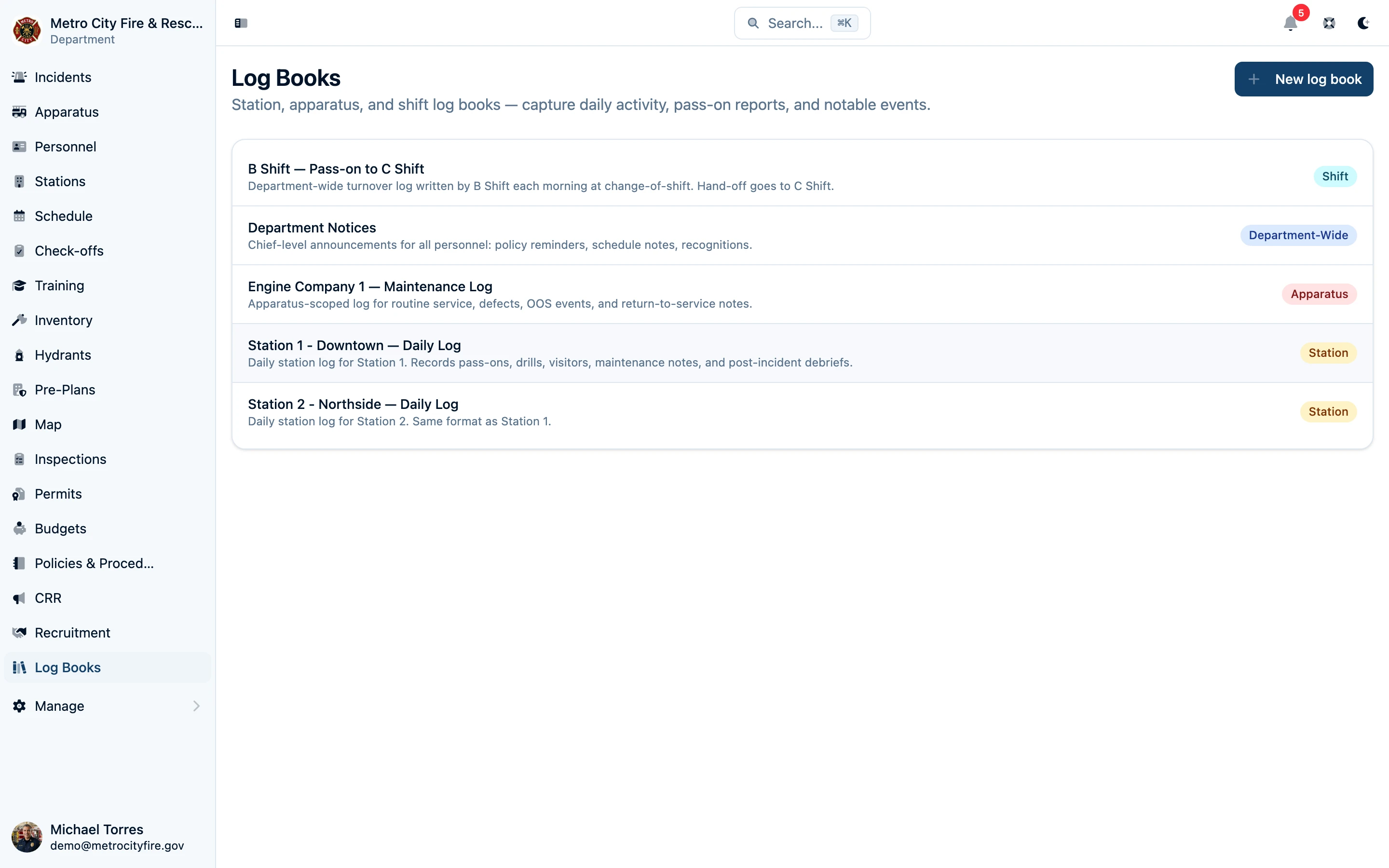 Log books index showing station, apparatus, and shift books with scope badges
