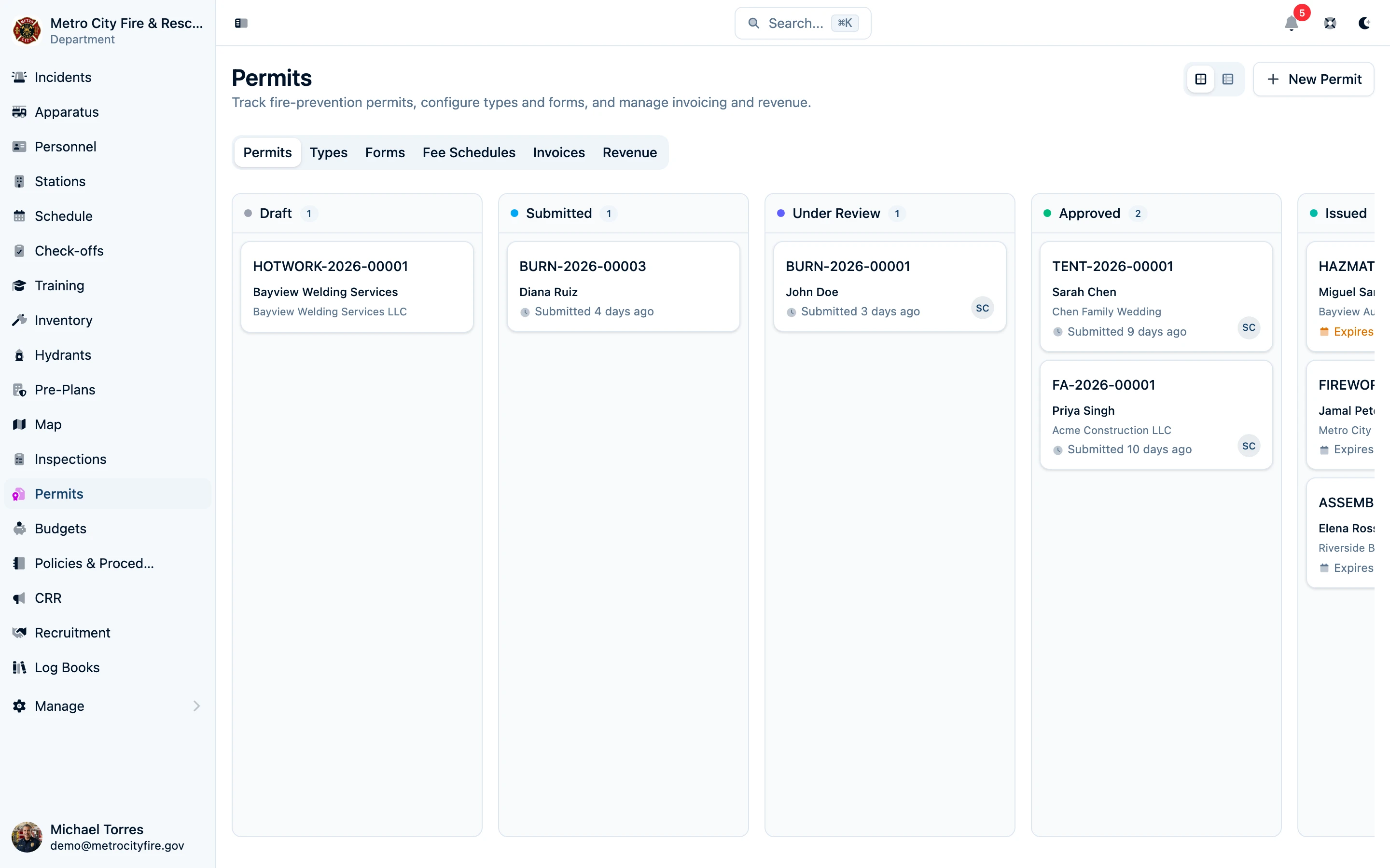 Permits hub with Kanban board view