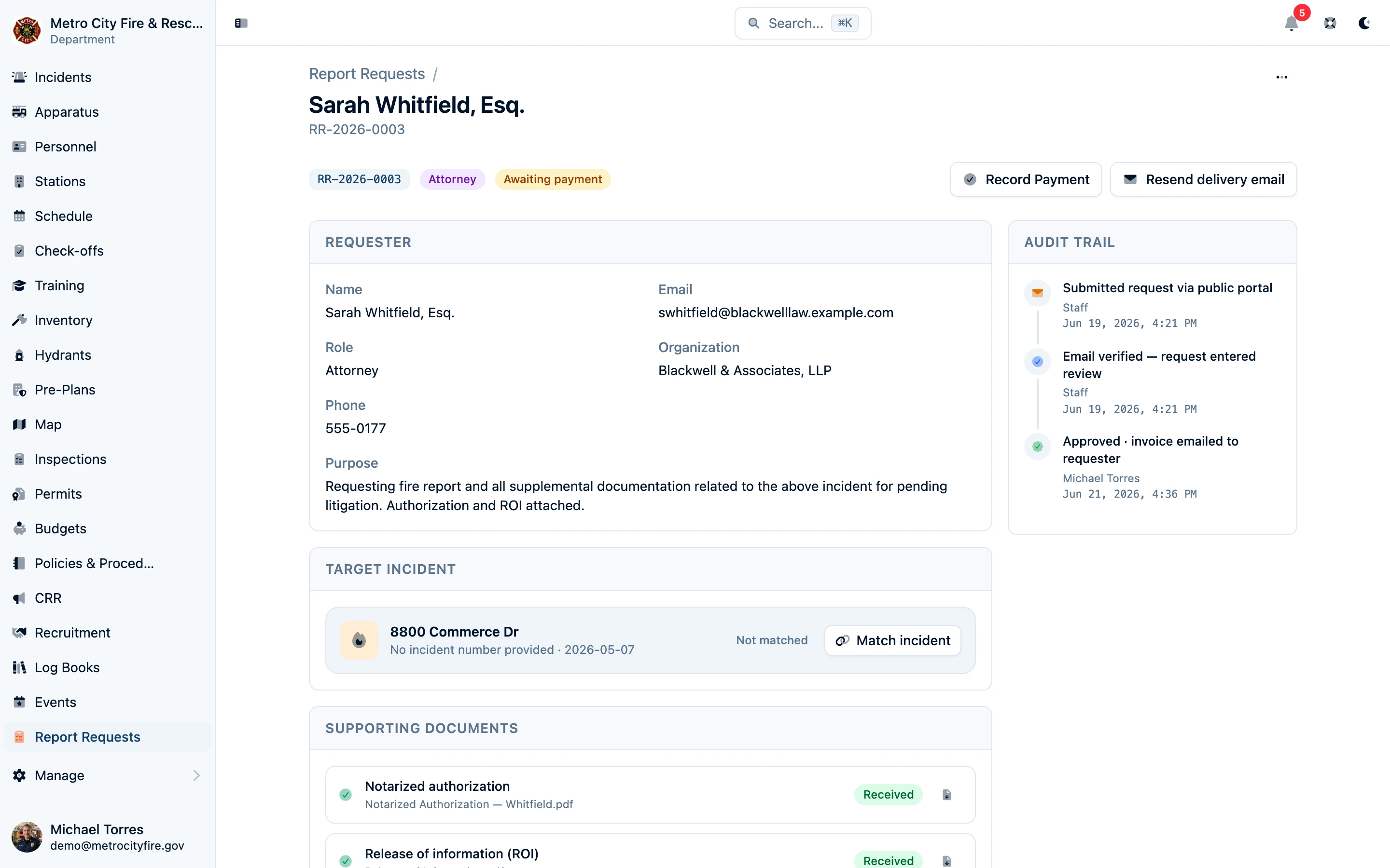 Staff report request detail with incident match suggestions