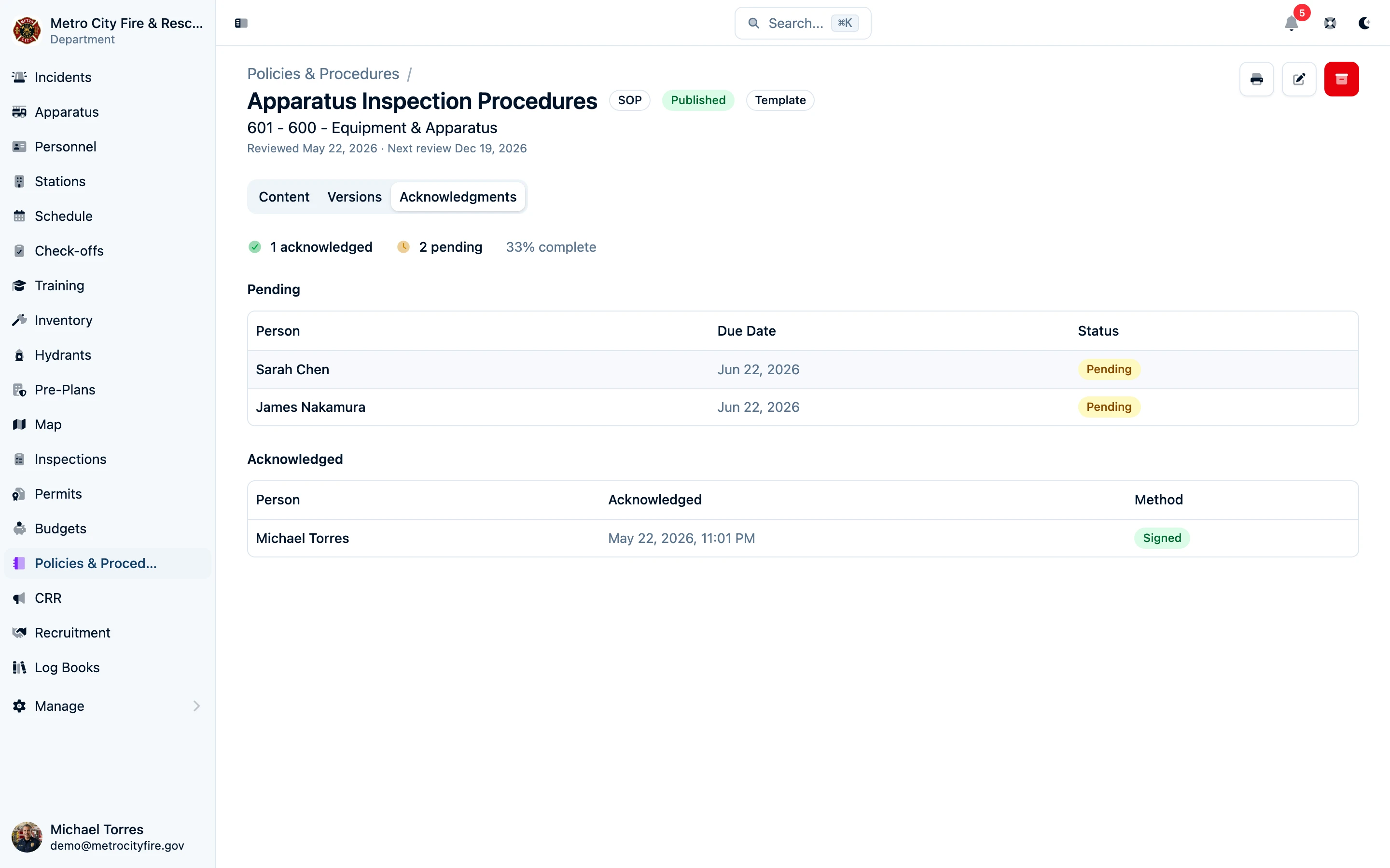 Signed SOP acknowledgments audit trail