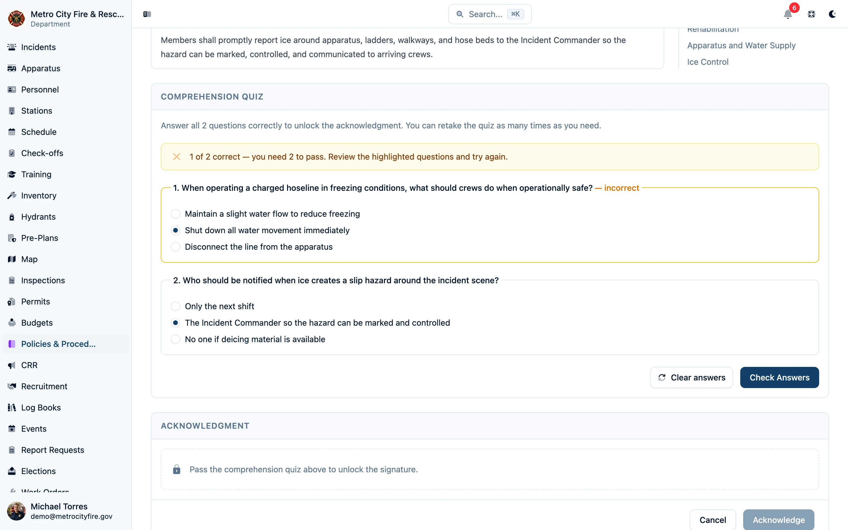 SOP comprehension quiz with score feedback and acknowledgment lock