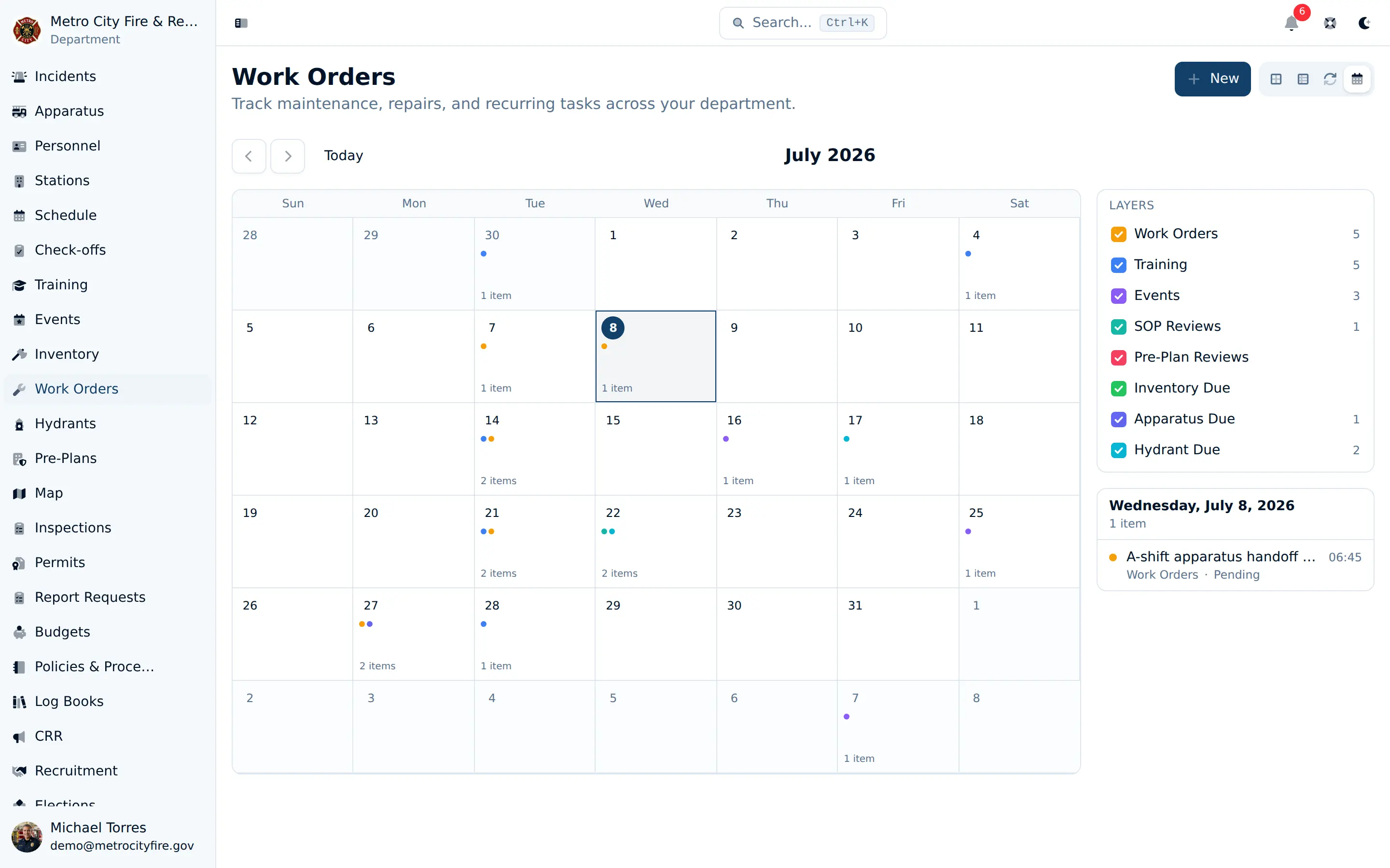 Work orders calendar view showing maintenance tasks and reviews laid out by due date with toggleable layers