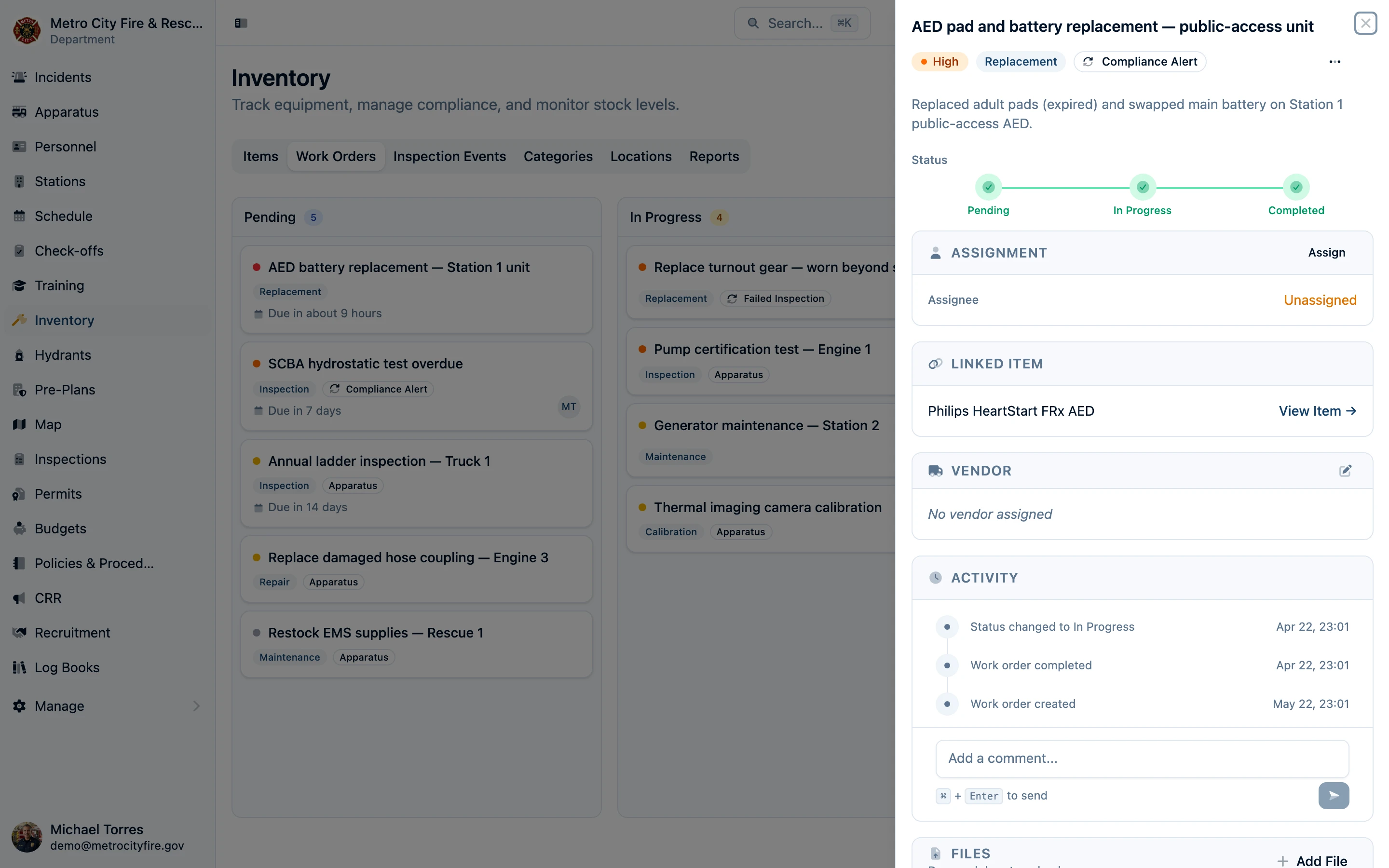 Work order detail view with description, comments, and cost tracking