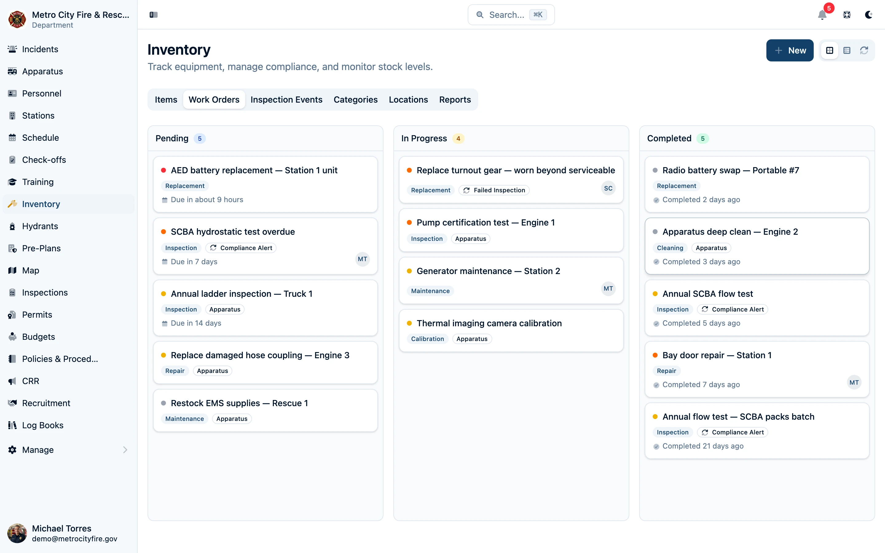 Work orders list showing maintenance tasks with status, priority, and assignee